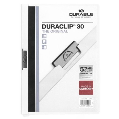 Папка пластиковая "Durable", 30л, А4, стальной клип, серия "Duraclip", белая