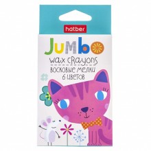 Мелки восковые "Hatber", 6 цветов, 11мм, круглые, серия "Jumbo - Котёнок", 6шт в картонной упаковке