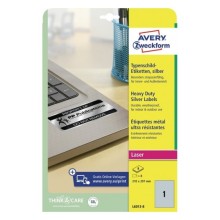 Самоклеящиеся полиэстерные этикетки для маркировки офисной техники "Avery", 210x297мм, 1 деление, серебристые, 8 листов в упаковке