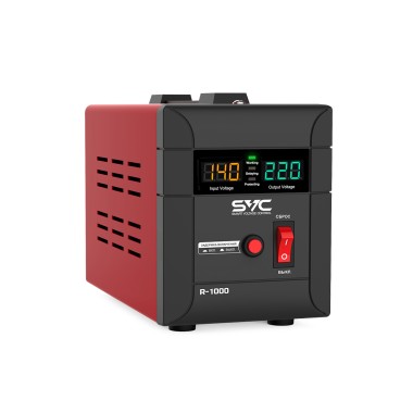 Стабилизатор (AVR), SVC, R-1000, 1000ВА/1000Вт, Диапазон работы AVR: 140-260В, Выходное напряжение: 220В +/-7%, Задержка включения, выход 2 шт Shсuko, LCD-дисплей, Защита: от перегрузки, короткого замыкания, повышенной температуры, Чёрно-красный