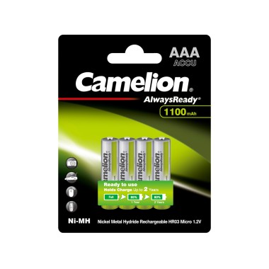 Аккумулятор, CAMELION, NH-AAA1100ARBP4, AlwaysReady Ni-MH Rechargeable, AAA, 1.2V, 1100 mAh, 4 шт., Блистер