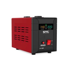 Стабилизатор (AVR), SVC, R-1500, 1500ВА/1500Вт, Диапазон работы AVR: 140-260В, Выходное напряжение: 220В +/-7%, Задержка включения, выход 2 шт Shсuko, LCD-дисплей, Защита: от перегрузки, короткого замыкания, повышенной температуры, Чёрно-красный
