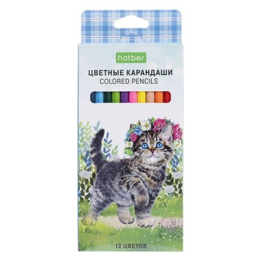 Карандаши "Hatber Eco", 12 цветов, серия "Котики бывают разными", в картонной упаковке