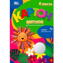 Набор цветного бархатного картона "BG", 4л, А4, флуоресцентный, в папке, серия "Зоопарк"