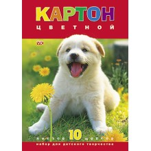 Набор цветного картона "Hatber VK", 10л, 10цв, А4, 195x280мм, в папке, серия "Белый щенок"