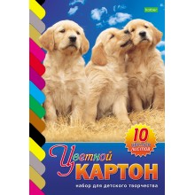 Набор цветного картона "Hatber Eco", 10л, 10цв, А4, 195x280мм, на клею, серия "Три щенка"