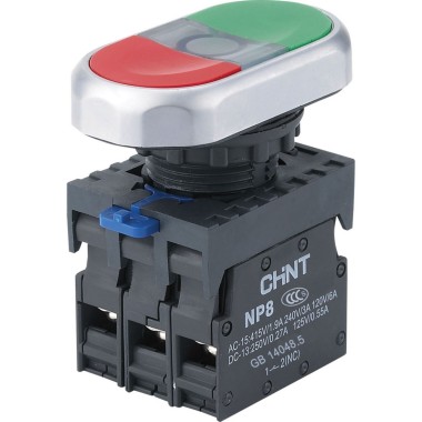 Двойная кнопка, CHINT, 667174 NP8-11SD, 1НО+1НЗ красная AC110В-220В(LED) IP65