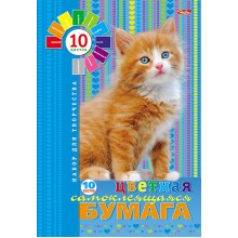 Набор цветной бумаги "Hatber", 10л, 10цв, А4, самоклеящаяся, в папке, серия "Пушистый котёнок"